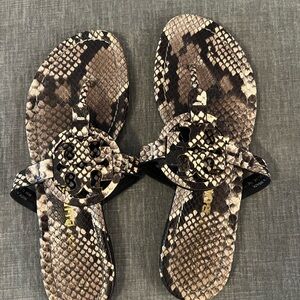 Tory Burch Brown Python Print Sandals with Medallion